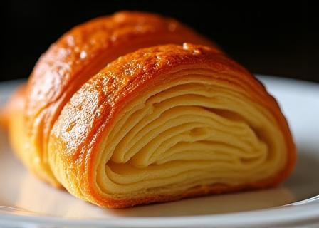 Goudgele botercroissant met boterige laagjesstructuur