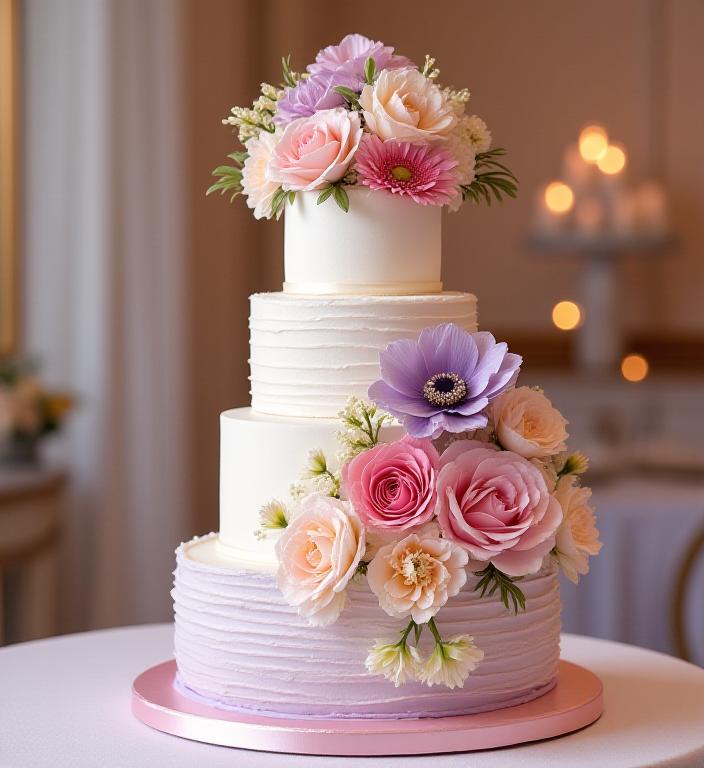 Elegante custom bruidstaart met meerdere lagen en verse bloemen