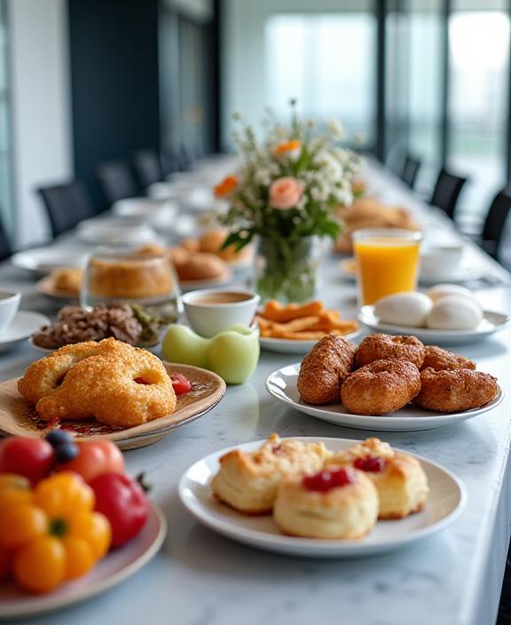 Professioneel catering ontbijttableau voor zakelijke bijeenkomst