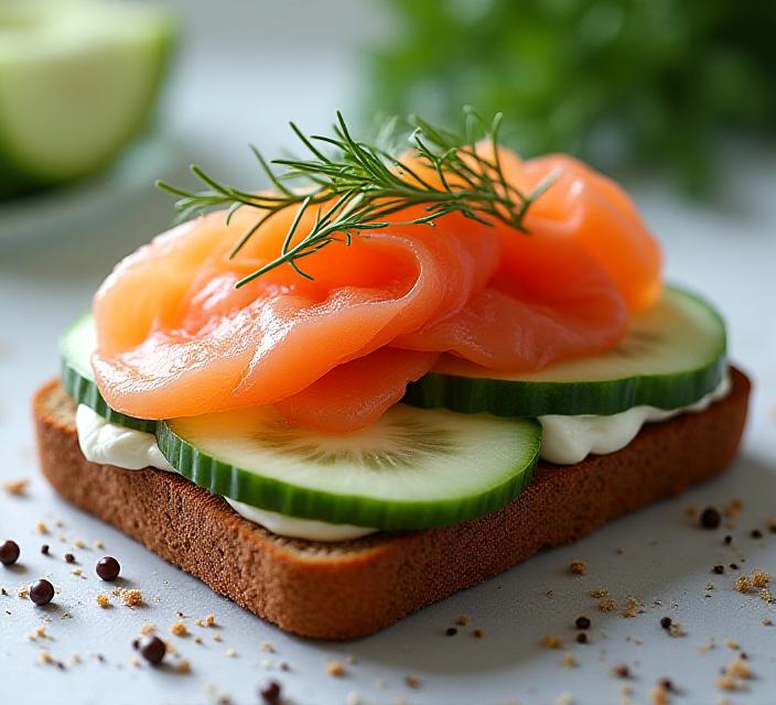 Open sandwich met gerookte zalm, komkommer en crème fraîche